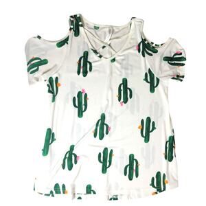 Tickled Teal Cactus Blouse Peep Shoulders Tank Short Sleeves Stretchy Womens L